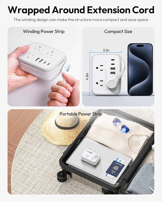 NTONPOWER 10 in 1 Travel Power Strip, 6 Outlets 4 USB Ports(2 USB C), 4ft Extension Cord Wrapped Around Small Power Strip, Compact for Travel, Hotel, Cruise Approved, White