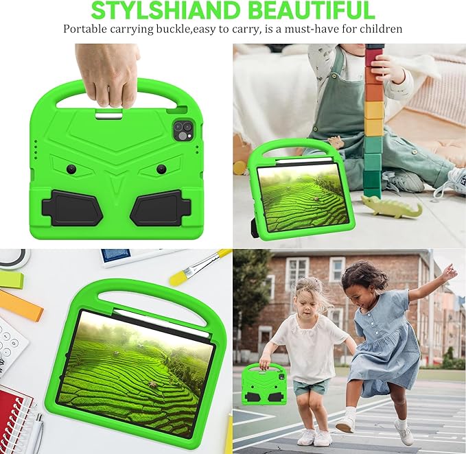 Kids Case for Apple iPad Pro 11 inch M5/M4 Tablet (2025/2024) with Pencil Holder/Handle/Kickstand Slim Lightweight Cute Soft EVA Foam Shockproof Stand Cover for Boys Girls Teens, Green Bird