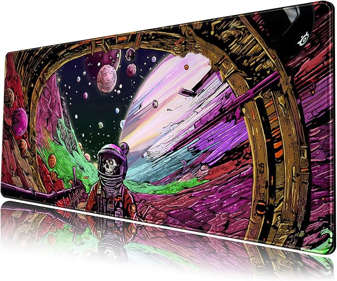 Strange Planet Desk Mat Space Scene Large Gaming Mouse Pad Extended Anime Vibrant Colors Desk Pad Futuristic Spaceship Mousepad XL Cosmic Adventure Skeleton Keyboard Mouse Mat 31.5"x11.8"