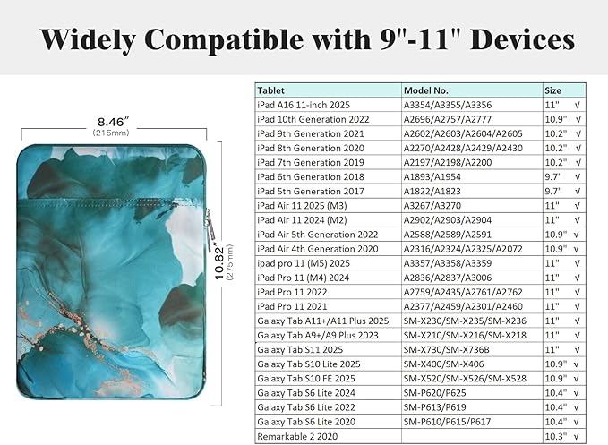 TiMOVO 9-11" Tablet Sleeve Bag for iPad 11-inch A16 2025, iPad 10.9"/10.2"| Air 11 Inch/5th/4th Gen. 10.9", Galaxy Tab A9+/A11Plus 11", Protective Bag Fit Smart Keyboard, Cloud Peacock Blu