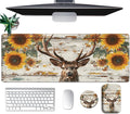Large Mouse Pad Set, Desk Mat + Elbow Rest Pad + Coaster, Easy Typing Pain Relief, Ergonomic Arm Rest Pad with Memory Foam, Extended Desk Pad Anti-Slip Rubber Base for Office Home, Wood Sunflower Deer