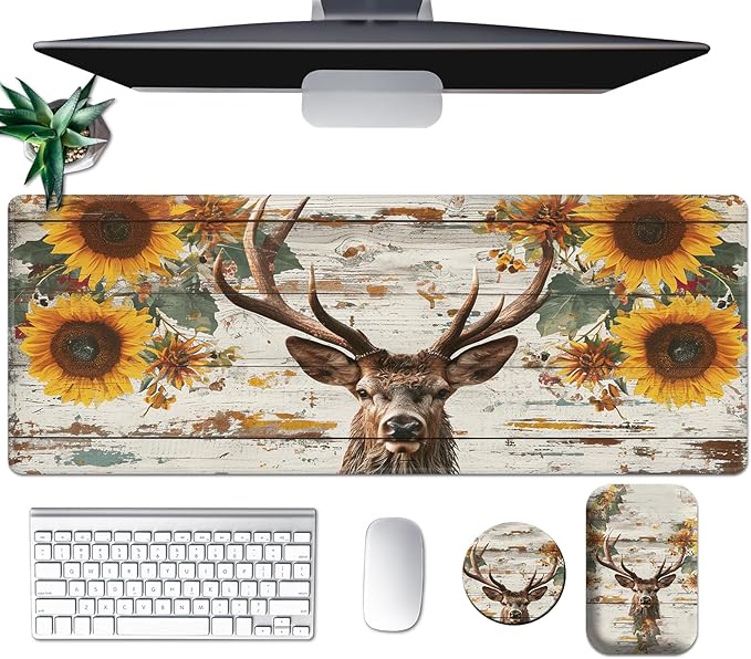 Large Mouse Pad Set, Desk Mat + Elbow Rest Pad + Coaster, Easy Typing Pain Relief, Ergonomic Arm Rest Pad with Memory Foam, Extended Desk Pad Anti-Slip Rubber Base for Office Home, Wood Sunflower Deer
