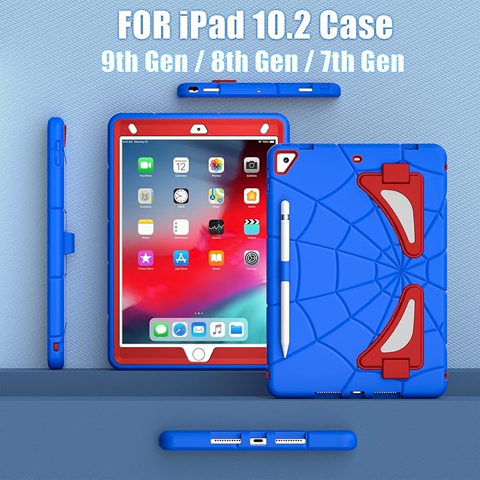 AKABEILA Compatible with Apple iPad 10.2 7th 8th 9th(2019/2020/2021) Tablet Case，Lightweight Shockproof Rugged Protective Cover with Kickstand for Kids Children Boys Babies Blue Red