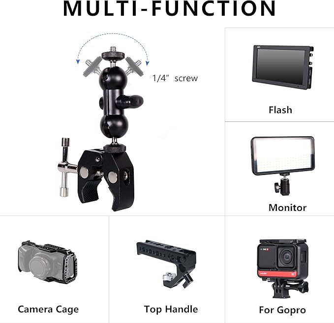 Cool Dual Ball head Magic Arm Adapter Camera Clamp Mount Super Clamp with 1/4 and 3/8 Thread, for DSLR Camera Rig, LED Light, Flash Light, Action Cam, 2Pack
