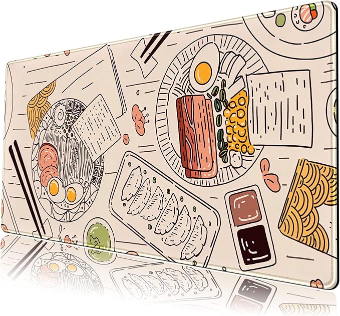 Japanese Ramen Sushi Food Desk Mat Beige XL Mouse Pad Large Full Desk Mousepad Gaming Extended Keyboard Mouse Mat Desk Pad for Computer Laptop 31.5''X15.7'' Non-Slip Rubber Base with Stitched Edges