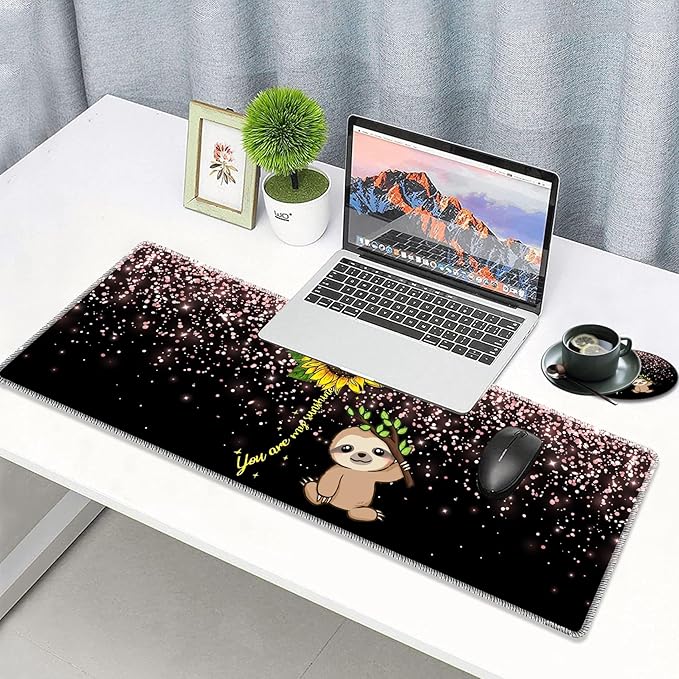 Large Gaming Mouse Pad Plus a Coasters + Cable Clips, Sunflower and Sloth Extended Mousepad (31.5 x 11.8) with Stitched Edge, Foldable Computer Keyboard Desktop Mouse Mat for Home Office