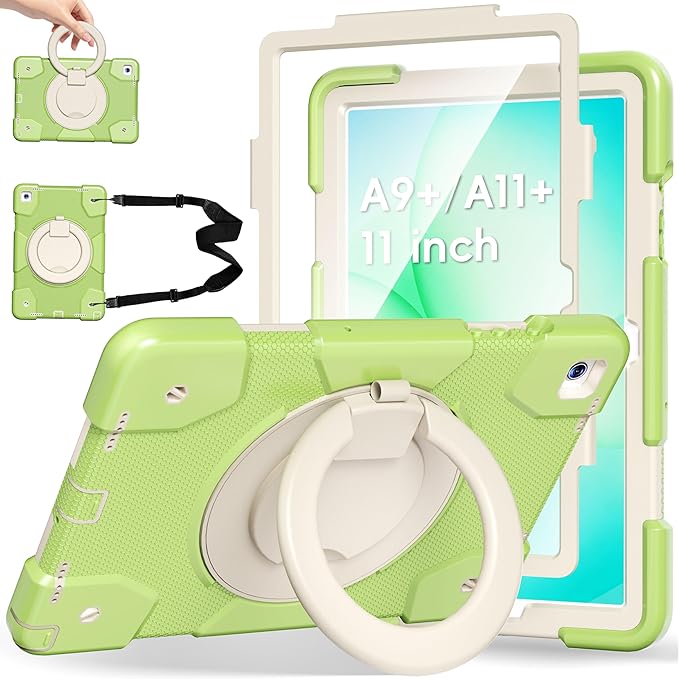 Andnary Case for Samsung Galaxy Tab A11+ Plus/A9+ 11 Inch 2025/2023, Tablet Case for Samsung Galaxy A9 Plus/A11+ with Screen Protector/360° Rotating Stand/Pen Holder/Shoulder Strap (Green)