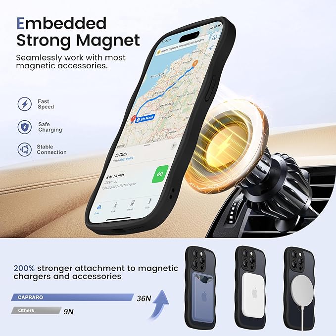 CAPRARO for iPhone 15 Pro Max Case with 360° Spin Magnetic Stand for Women, [Compatible with MagSafe] [Full Camera Protection] Cute Wave Translucent Matte Case for iPhone 15 Pro Max, Black