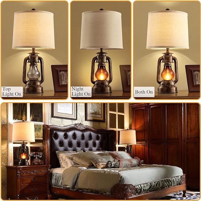 Farmhouse Lantern Table Lamps for Living Room Set of 2, Vintage Bedroom Resin Lamp with Dual USB Charging Ports, Rustic Retro Bedside Nightstand Desk Lamp, 4 Bulb Included