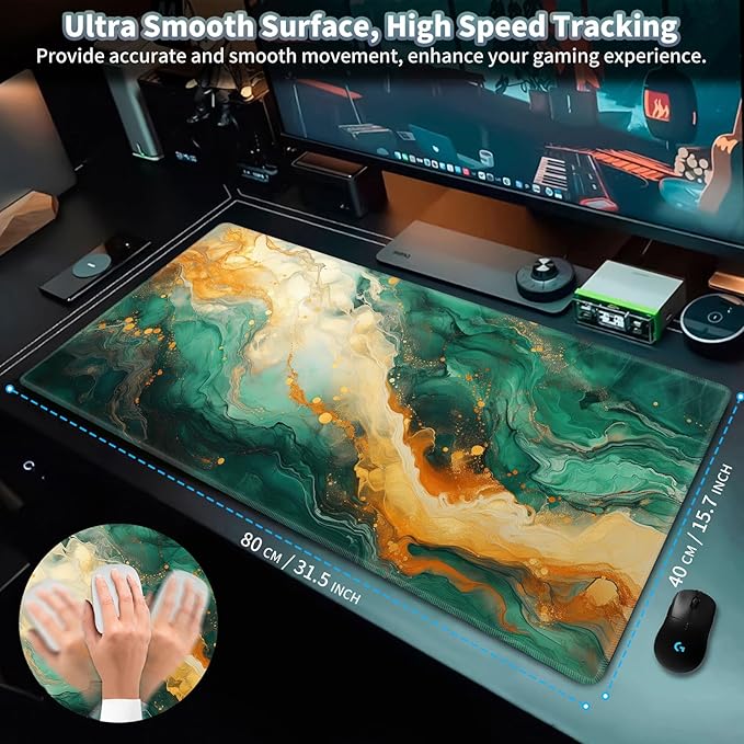 Gaming Mouse Pad, Keyboard Mouse Pad 31.5x15.7 inch XXL Large Computer Laptop Cool Desk Mat with Non-Slip Rubber Base and Stitched Edge for Home Office Work, Green Orange Marble