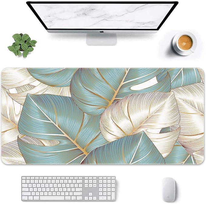 Britimes Large Gaming Mouse Pad Blue Luxury Palm Leaves Non-Slip Desk Pad Keyboard and Mouse Desk Mat for Gamer, Office & Home, 31.5 x 15.7 in