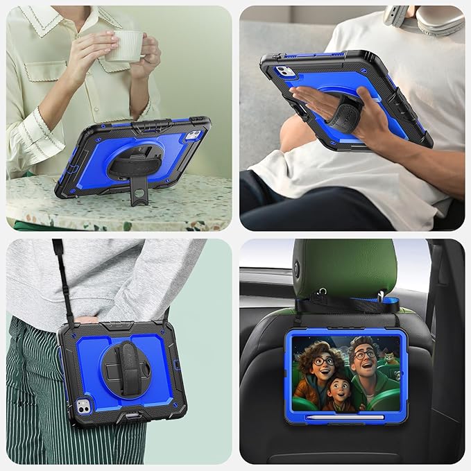SEYMAC for iPad Pro 11 Inch Case M5 2025 / M4 2024, Heavy Duty Shockproof Protective Case with Screen Protector, 360° Rotating Stand, Hand/Shoulder Strap and Pen Holder, Blue