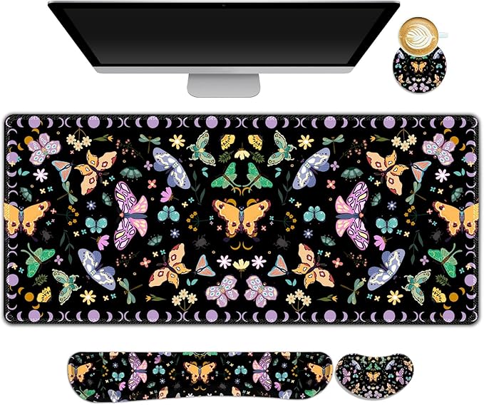 ARTSO Desk Mat Set, Black Butterfly Extended Gaming Mouse Pad with Wrist Rest Support +Keyboard Wrist Rest +Coaster, Large Cute Mousepad, Easy Typing and Pain Relief