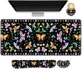 ARTSO Desk Mat Set, Black Butterfly Extended Gaming Mouse Pad with Wrist Rest Support +Keyboard Wrist Rest +Coaster, Large Cute Mousepad, Easy Typing and Pain Relief