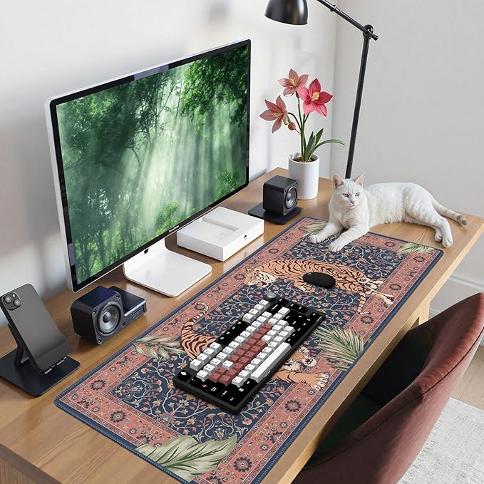 Tiger Desk Matt for Desktop, Floral Gaming Cute Desk Mat, Non Slip Keyboard and Mouse Pad, Stitched Edges Large Desk Pad, Desk Mat for Home Office 35.4 x 15.7 Inches (Pink)