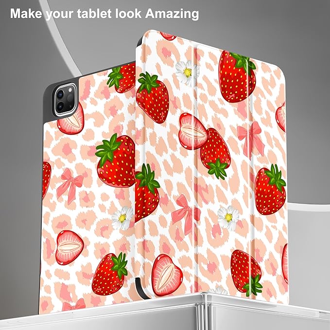 May Chen Case for iPad Pro 11 inch (4th, 3rd, 2nd & 1st Gen) 2022 2021 2020 2018,Trifold Stand with Auto Wake/Sleep Soft TPU Protective Stand Back Cover, Leopard Print Strawberry