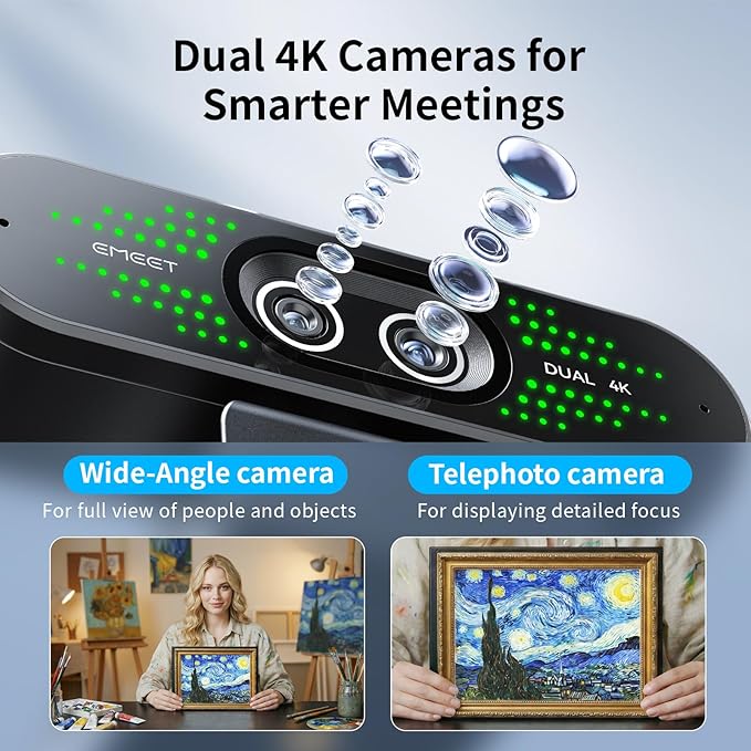 EMEET NOVA 4K Dual-Camera 4K Webcam for PC, Wide-Angle and Telephoto Cameras, Max 11X Hybrid Zoom, PDAF Focus, Remote Control, RGB Lights, Webcam with Microphone for Business or Personal Online Calls