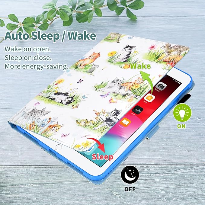 for iPad 9.7 inch Case iPad 6th/5th Generation Case 2018 2017, PU Leather Folio Stand Cute Protective Cover for iPad 9.7 inch/Pro 9.7/Air 2/Air 1, Auto Sleep/Wake, Kitten
