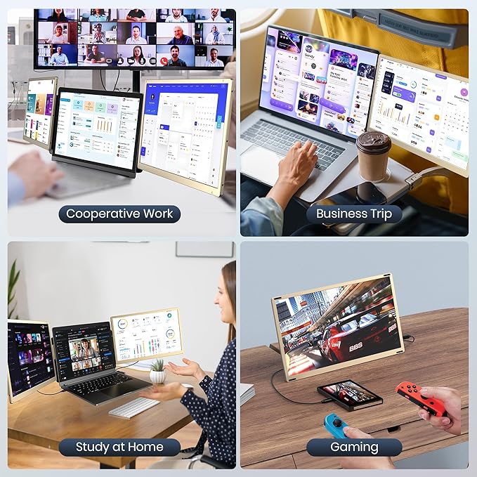 Laptop Screen Extender, 15.6" Detachable Triple Portable Monitor, 1080P FHD IPS Display, Sturdy & Durable, USB-C/HDMI Plug-Play Monitor Extender for Mac/Win/Android, Fits 13-17" Laptops