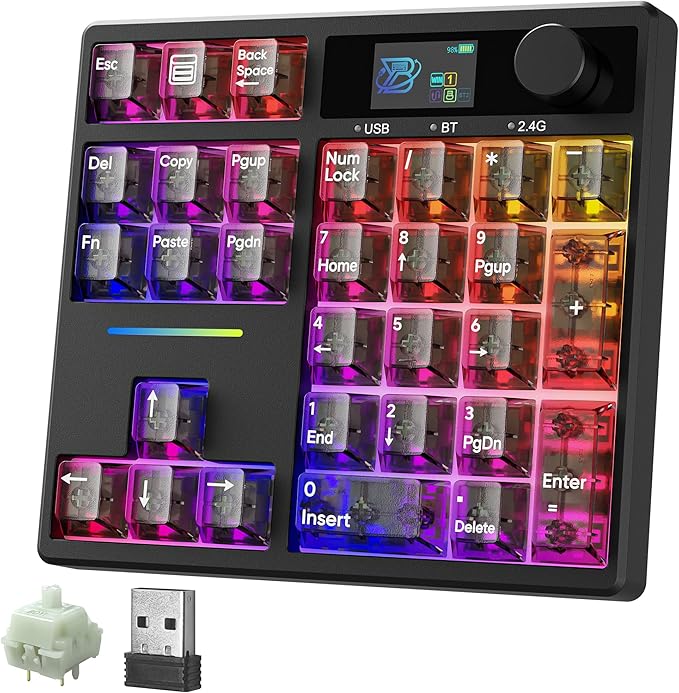 BOYI TD31Pro Gaming Keyboard,Mini Mechanical Numpad,BT5.0/2.4G/Type-C Wireless Numeric Keypad,RGB HotSwap Numpad with Screen&Knob,Gasket Macro Pad Number keypad for Win/Mac(Black Transparent)