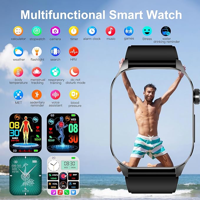 Advanced Health Smartwatch for Women Men with Real-Time Monitoring of Heart Rate, Blood Oxygen, Body Temperature, Blood Pressure, Sleep Auality and Stress Levels (Blue)
