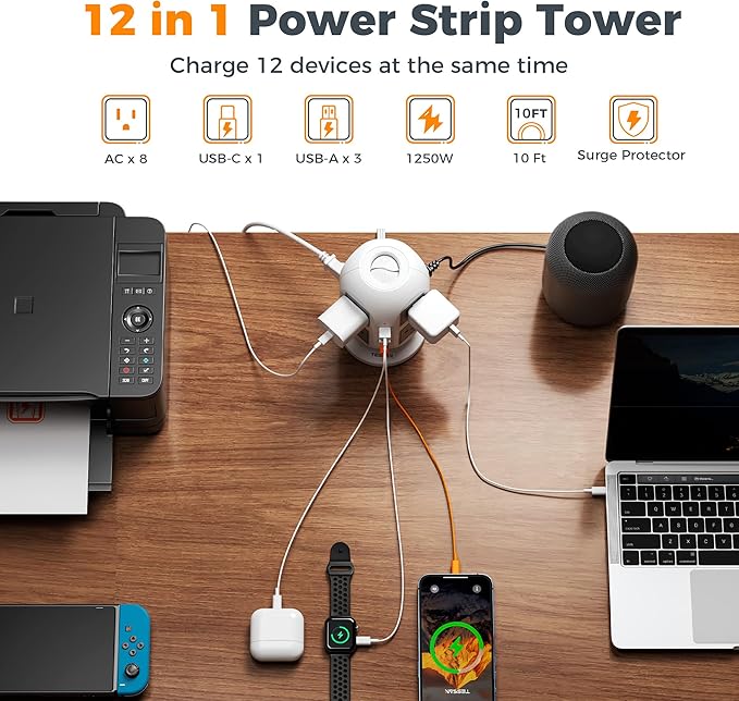 TESSAN Tower Surge Protector Power Strip 10 ft, Long Flat Extension Cord with Multiple Outlets, 8 AC Outlets with 4 USB Ports (1 USB C), Charging Station with Surge Protection, for Home Office Dorm