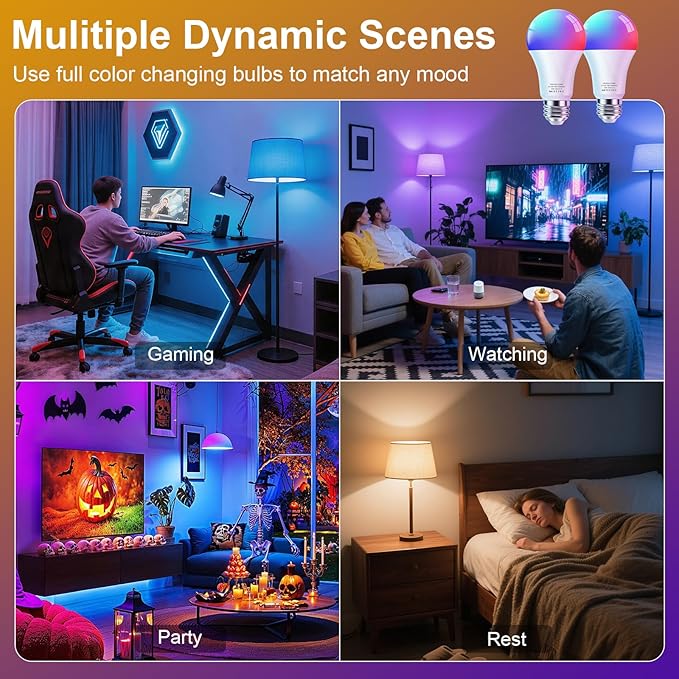 FRIDEKO HOME Smart Light Bulbs - Led Dimmible Color Changing Light Bulb for Home Works with Bluetooth Music Sync - A19 RGB Lightbulb for E26 Base with APP Control & Timer (2 Pack)