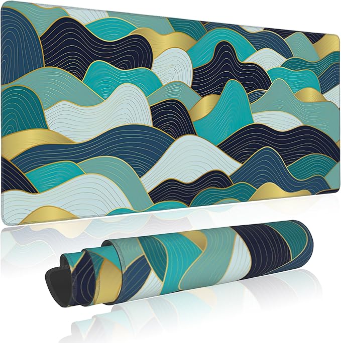 Large Mouse Pad Gold Line Wave Extended Gaming Mouse Pad Desk Mat Stitched Edges Mousepad Non-Slip Rubber Base Keyboard Pad for Laptop Computer PC 35.4 x 15.7 inches