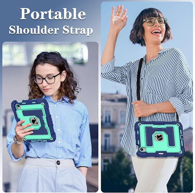Kids Friendly Case for Apple iPad mini 7 A17 Pro 2024/iPad Mini 6 2021 8.3 Inch 7th/6th Gen Case with Pencil Holder & Shoulder Strap, Shockproof Kickstand Hard Shell Protective Cover,Blue+Mint