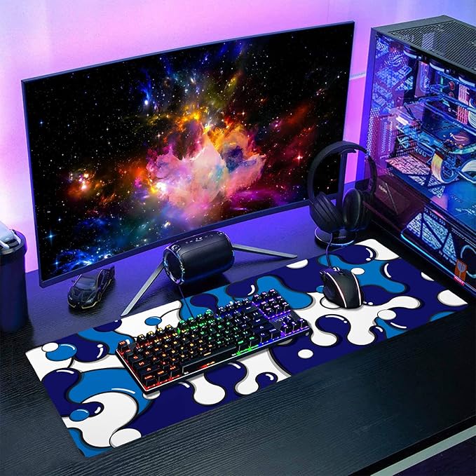 Navy Blue White Mouse Pad Anime Cool Geometric Japanese Extended Desk Mat 80X30 cm Non-Slip Rubber Base Stitched Edge Large XL Mousepad for Desk Gaming Laptop Desktop,31.5×11.8 Inch