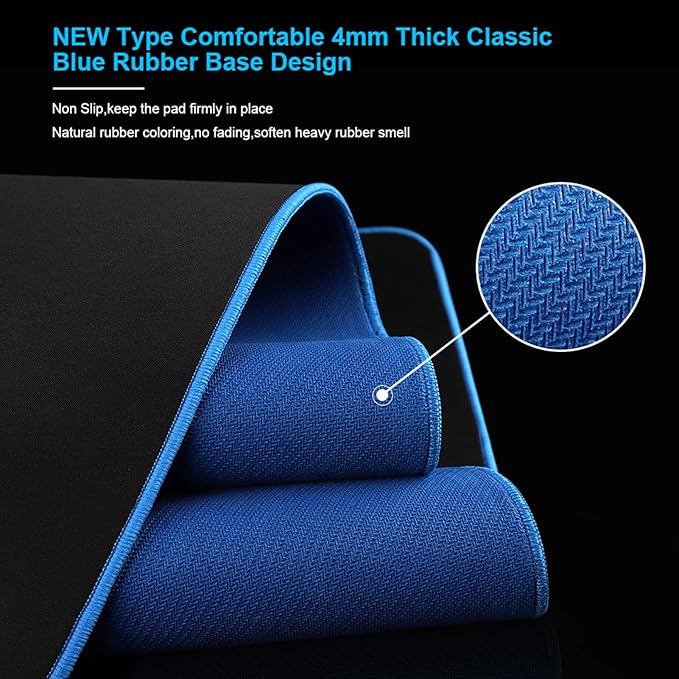 Large Gaming Mouse Pad(35.4x15.7x0.16in), Black Thick Computer Extended Mousepad for Laptop, 35% Larger Smooth Keyboard Mat with Non Slip Blue Rubber Base, Desk Pad with Durable Stitched Edges