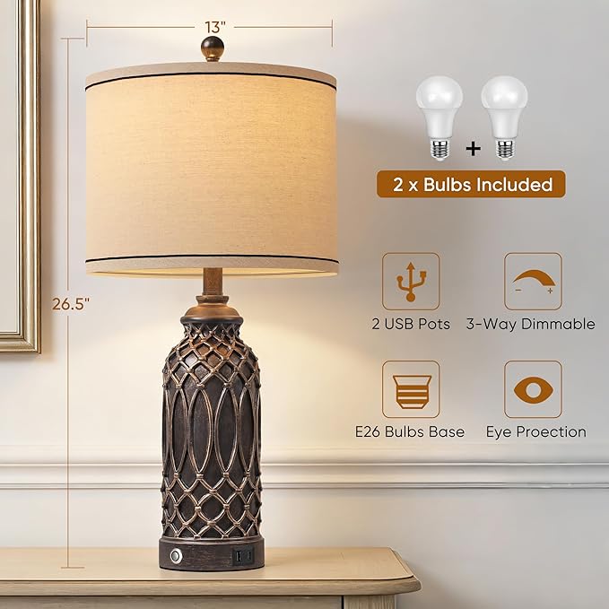 WIHTU Farmhouse Table Lamps Set of 2, Black-Gold Resin Table Lamps with USB Ports, Touch Button Switch, Woven Wicker Pattern, Linen Shade, Nightstand Lamp for Decor (2 Bulbs Included)