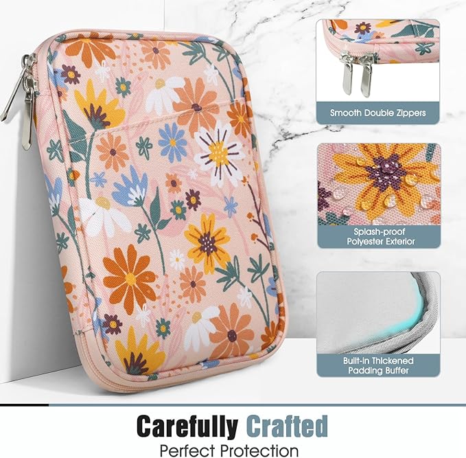 TiMOVO 6-7 Inch Tablet Sleeve for eReader Book Paperwhite/Colorsoft Signature Edition, Protective Sleeve Cover Case with Pocket for E-Reader/Oasis & Kobo Devicess, Yellow Flower