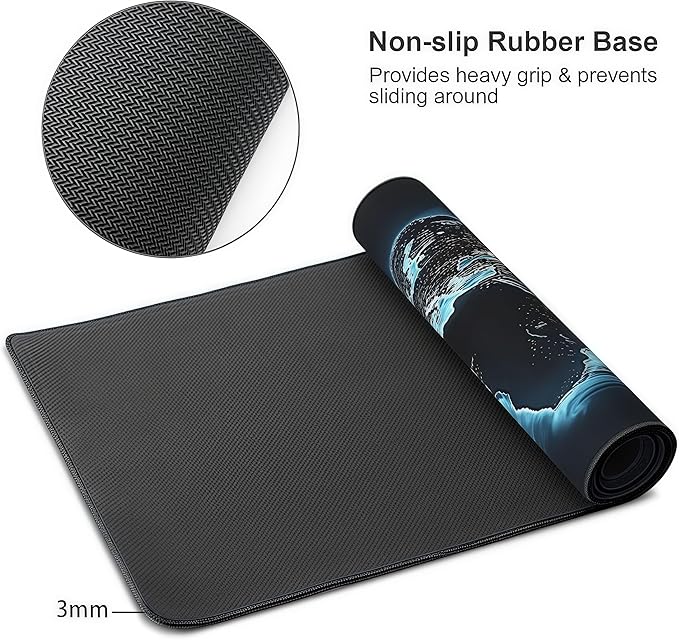 Large World Map Mouse Pad, Blue Glow in The Dark Design, Rubber Base, 35.4 x 15.7 Inches, Rectangular Desk Mat for Gaming and Office