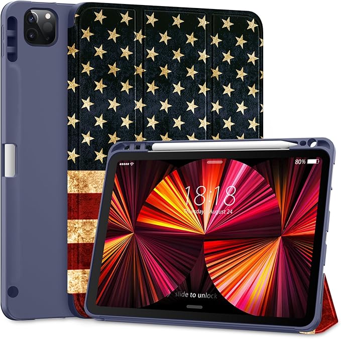 DTTO for iPad Pro 11 inch 4th/3rd/2nd/1st Generation 2022/2021/2020/2018 Case, Smart Slim Trifold Stand Soft TPU Back Cover with Built-in Pencil Holder, Also Fit iPad Air 5/4,US Flag