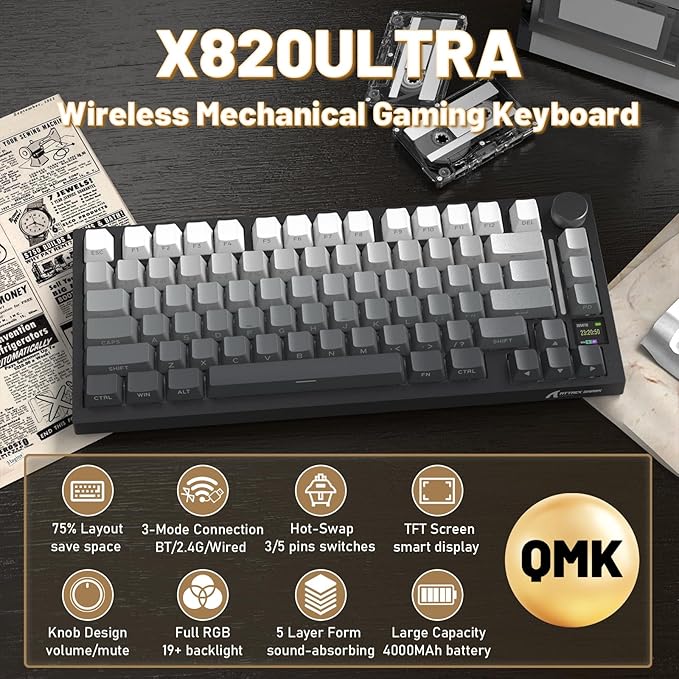 Attack Shark X820Ultra Wireless 75% Mechanical Gaming Keyboard with Screen & Knob Hot Swappable 2.4GHz/BT/Wired RGB Backlit Gasket Mount Side Print PBT Keycap QMK Web Driver Shark Switch-Moonnight