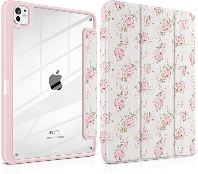 Case for iPad Pro 11 Inch (M5 2025 M4 2024) – [Built-in Pencil Holder], Shockproof & Stylish, Clear Hard Back + Soft TPU Edge, Magnetic Trifold Stand, Auto Wake/Sleep, Little Rose