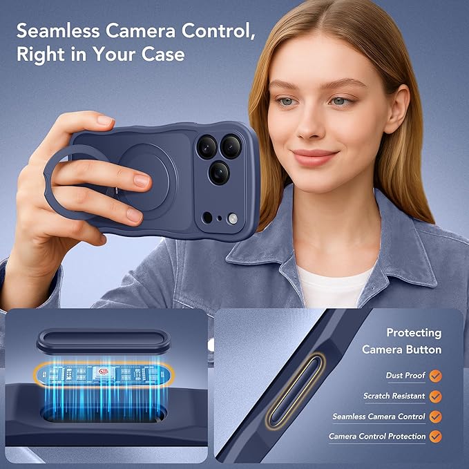 GolbinBox for iPhone 17 Pro Case for Women,[Compatible with Magsafe][360° Spin Magnetic Stand][Cute Wave Edge][Military-Grade Protection] Translucent Matte Phone Case for iPhone 17 Pro, Deep Blue