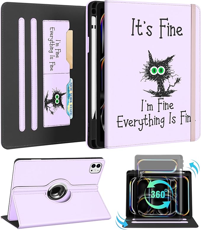 Kidcube for iPad Pro 11 Inch Case M4 2024 5th Generation - Women Girls Kid Cute Rotating Stand Folio Cover with Pencil Holder & Card Slot Girly Kawaii Cat Design for iPad Pro 11'' Case 2024 M4 5th Gen