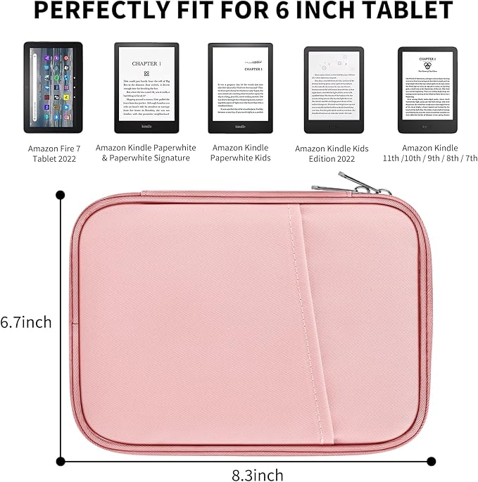 HoYiXi Universal Sleeve Bag for 6",6.8",7" Kindle Paperwhite/Colorsoft 2024-2012 Compatible with 6"-6.8" All-New Kindle/Kobo/Tolino/Sony,6" EReader with Anti-Drop Protective Cover,Pink