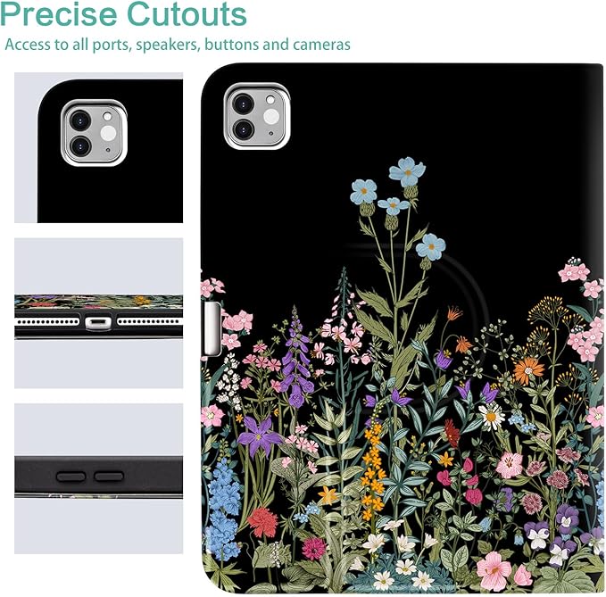 for iPad Air M4/M3/M2 11 Inch Case 2026/2025/2024, for iPad Air 5Th/4Th Gen Cases for iPad Pro 11 Inch Case 4th/3rd/2nd/1st Generation, 360 Degree Rotating Pencil Holder, Slim, Black Flowers