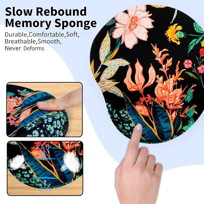 Ergonomic Mouse Pad with Wrist Support Cute Mouse Pads with Wrist Rest,Comfortable Mouse Pad for Home Office Gaming Working Computers Laptop Pain Relief with Non-Slip PU Base (Black Flower)
