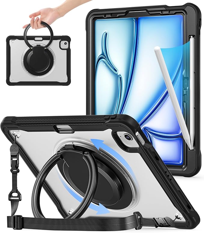 BATYUE Case for iPad Air 11-inch M4(2026)/M3(2025)/M2(2024), iPad Air 4/5 10.9" & Pro 11" 2018-2022 - Shockproof Case with 360° Rotating Stand & Handle, Pencil Holder, Shoulder Strap, Black