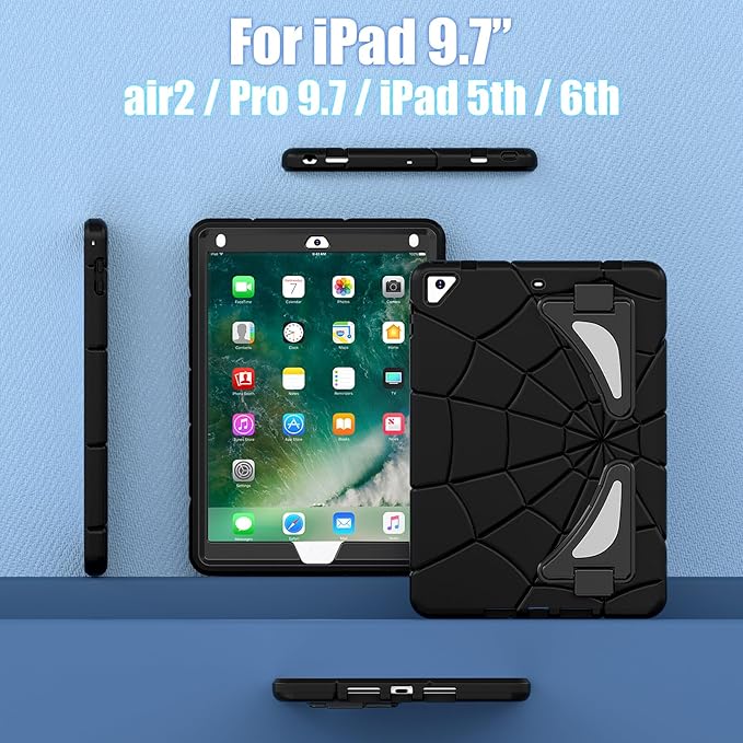 AKABEILA Compatible with Apple iPad 9.7 5th/6th(2017/2018)/iPad Air 2/iPad Pro 9.7 Tablet Case，Lightweight Shockproof Rugged Protective Cover with Kickstand for Kids Children Boys Babies Black