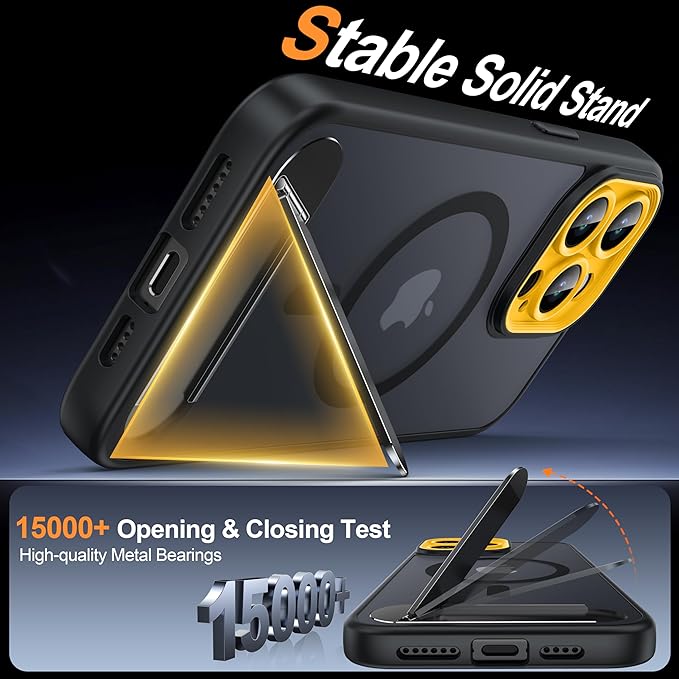 Magnetic Compatible with iPhone 15 Pro Max Case, [Built-in Kickstand][Full Camera Protection][Compatible with MagSafe][Anti-Fingerprint] Shockproof Phone Case for iPhone 15 Pro Max 6.7",Black & Yellow