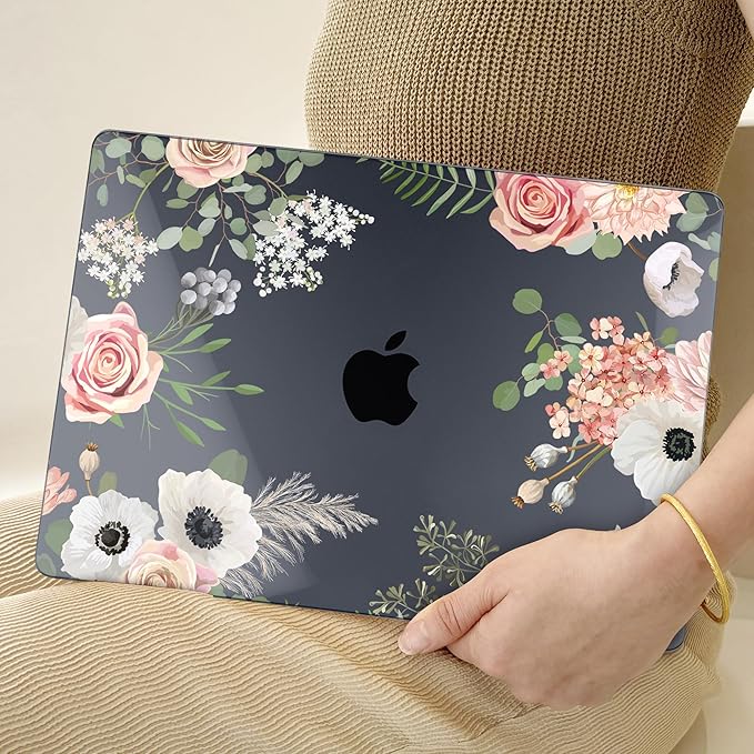 TWOLSKOO for MacBook Air 13.3 inch Case 2021 2020 2019 2018 Release M1 A2337 A2179 A1932 with Touch ID, Plastic Hard Shell Case & Keyboard Cover & Type C Adapter, Rose Flower
