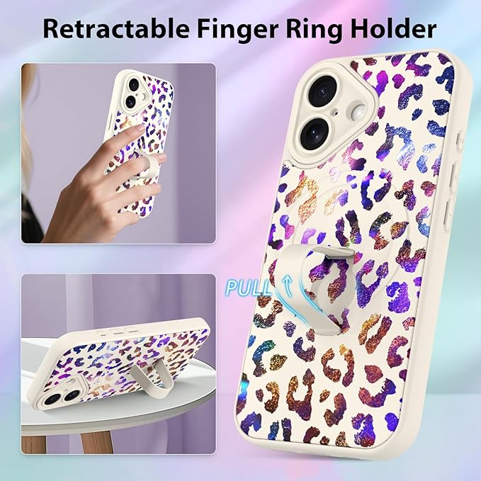KANGHAR Compatible with iPhone 16 Case, Support for MagSafe, Silicone Cute Iridescent Leopard Cheetah Pattern, Wristband Kickstand Shockproof Protective Slim Cover for Women Girls, White