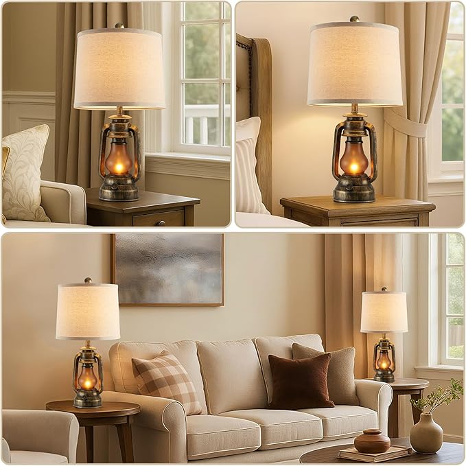 Set of 2 Farmhouse Lantern Table Lamps for Living Room with 2 USB Charging Ports, Rustic Vintage Nightstand Lamps with Nightlight for Bedroom End Table Entryway, 4 Bulb Included