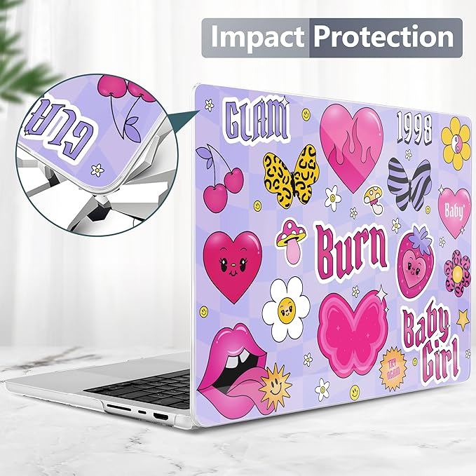 Batianda Case for New MacBook Pro 14 Inch M5 (2025 2026) & 2024 2023 Release [Model A3434 / A3112] - Ultra Slim 1.2mm Glossy Hard Shell Protective Skin Keyboard Cover 4-in-1 Bundle, Y2K Pink Collage