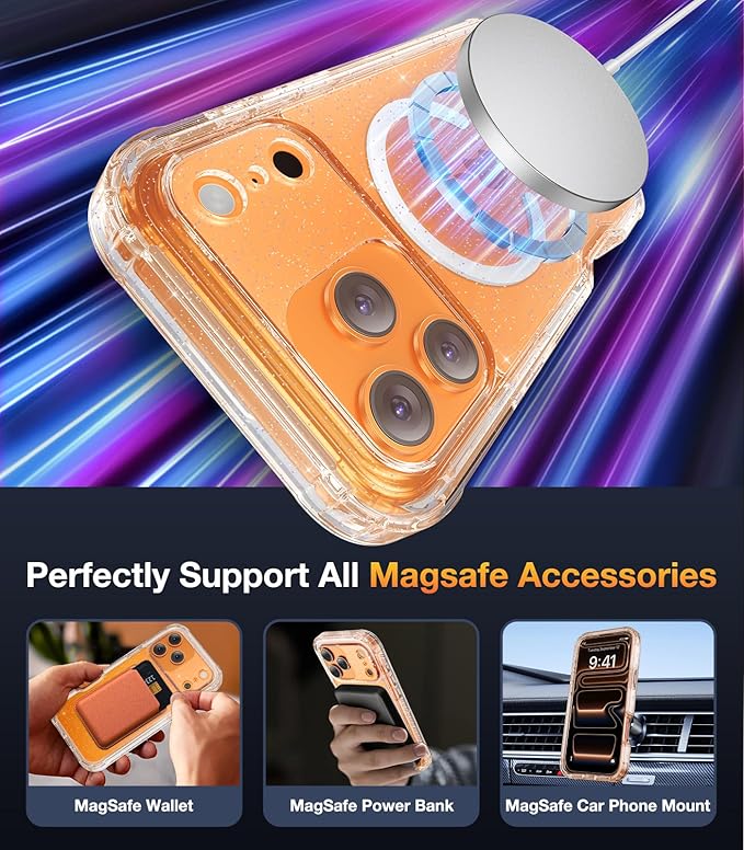 Diaclara Magnetic Designed for iPhone 17 Pro Case Full Body Bumper,[Compatible with MagSafe] Military Drop Proof Cover with Built-in Touch Sensitive Anti-Scratch Screen Protector, Clear Glitter